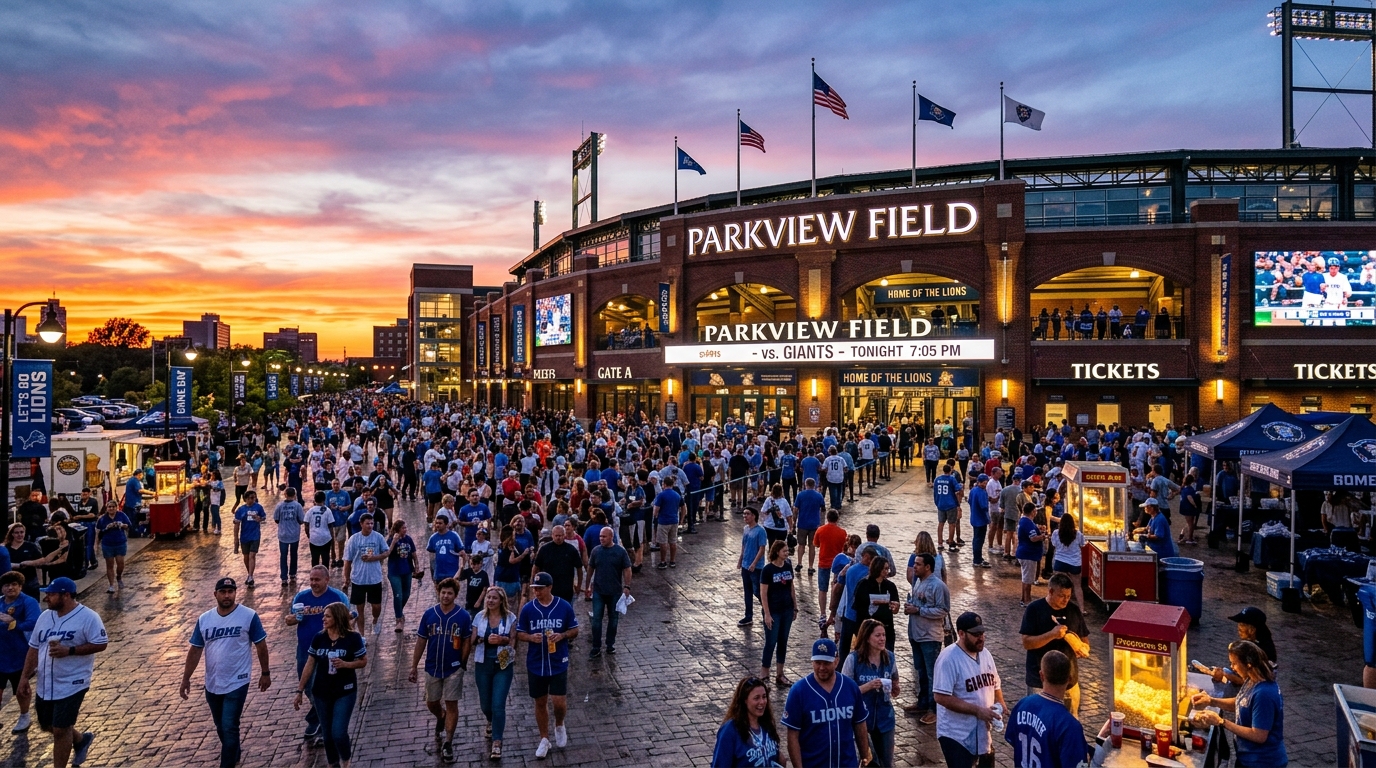 Baseball stadium exterior at sunset with crowds gathering in a festive atmosphere