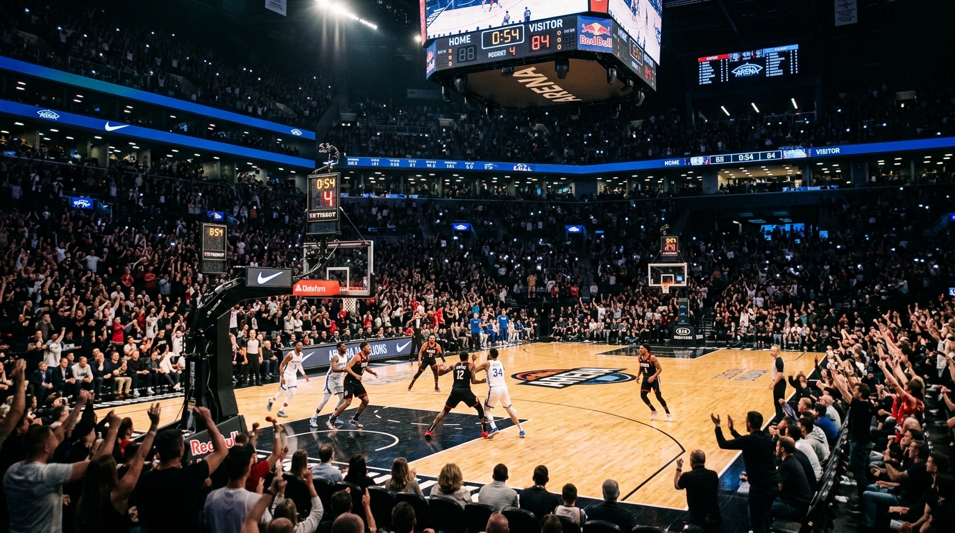 Basketball arena with dramatic lighting during an NBA game