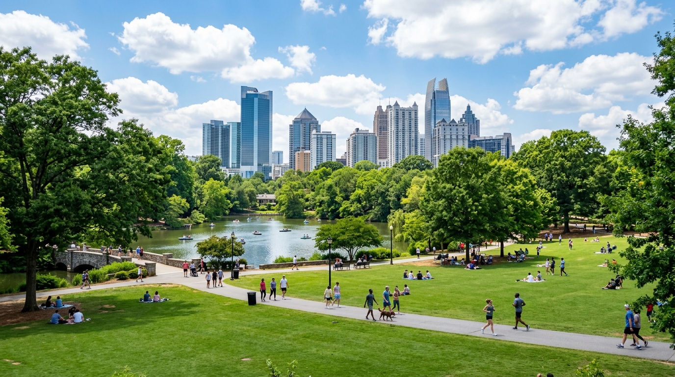 Piedmont Park in Atlanta with green lawns, trees, and the Atlanta skyline in the background