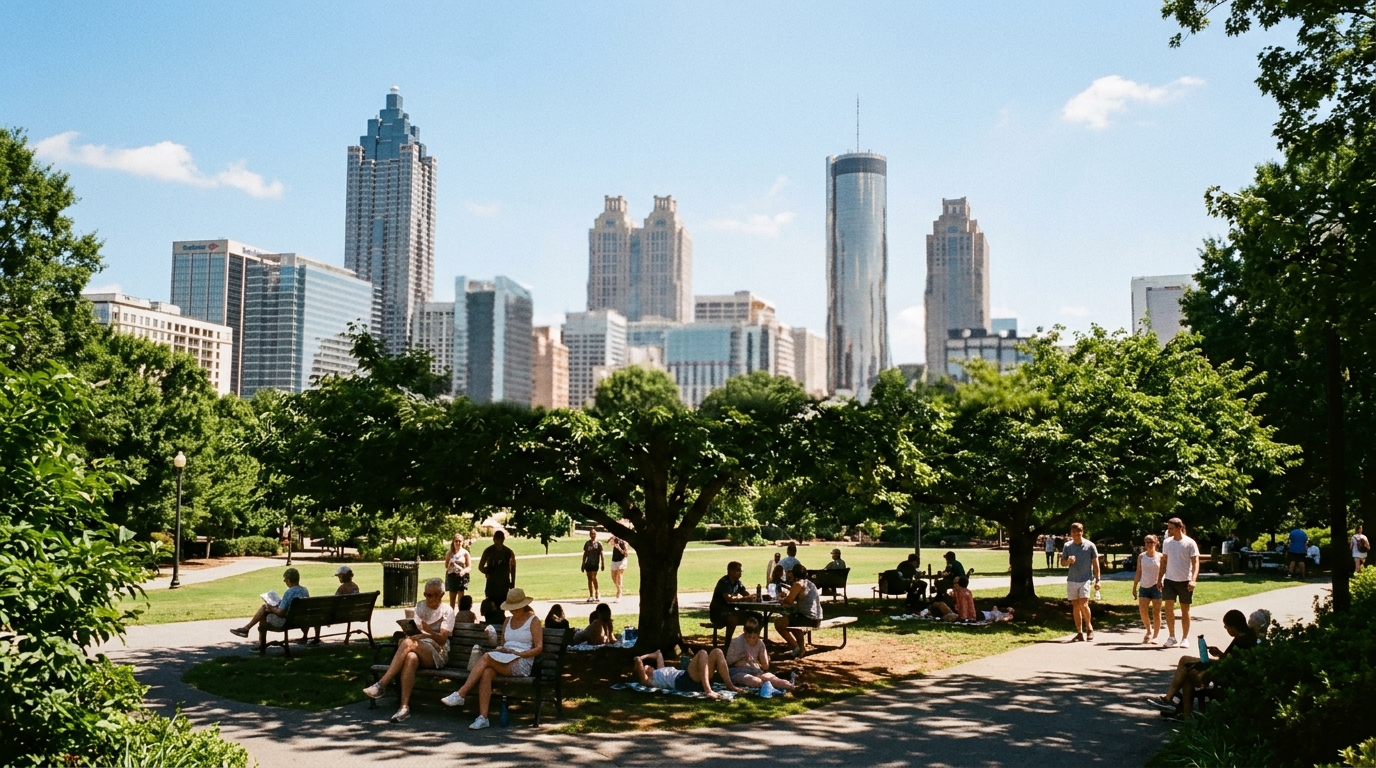 A sunny Atlanta cityscape with heat haze visible over the skyline and people seeking shade under trees