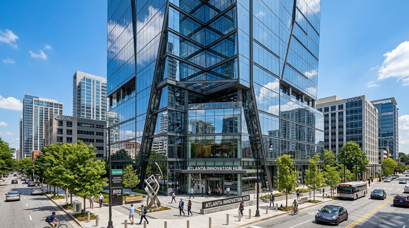 Modern glass office buildings in Midtown Atlanta's Tech Square innovation district